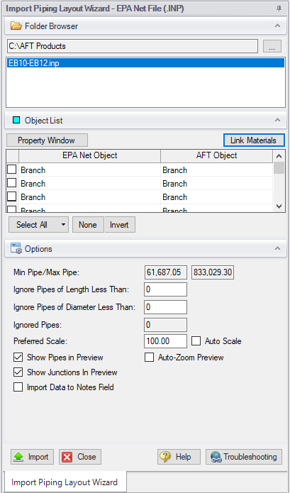 The Import Piping Layout Wizard for EPA Net Files.